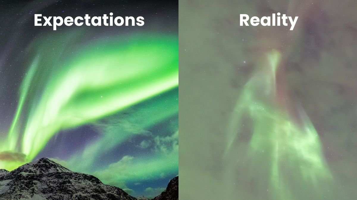 A picture of expectations vs. reality of how Northern Lights look like.