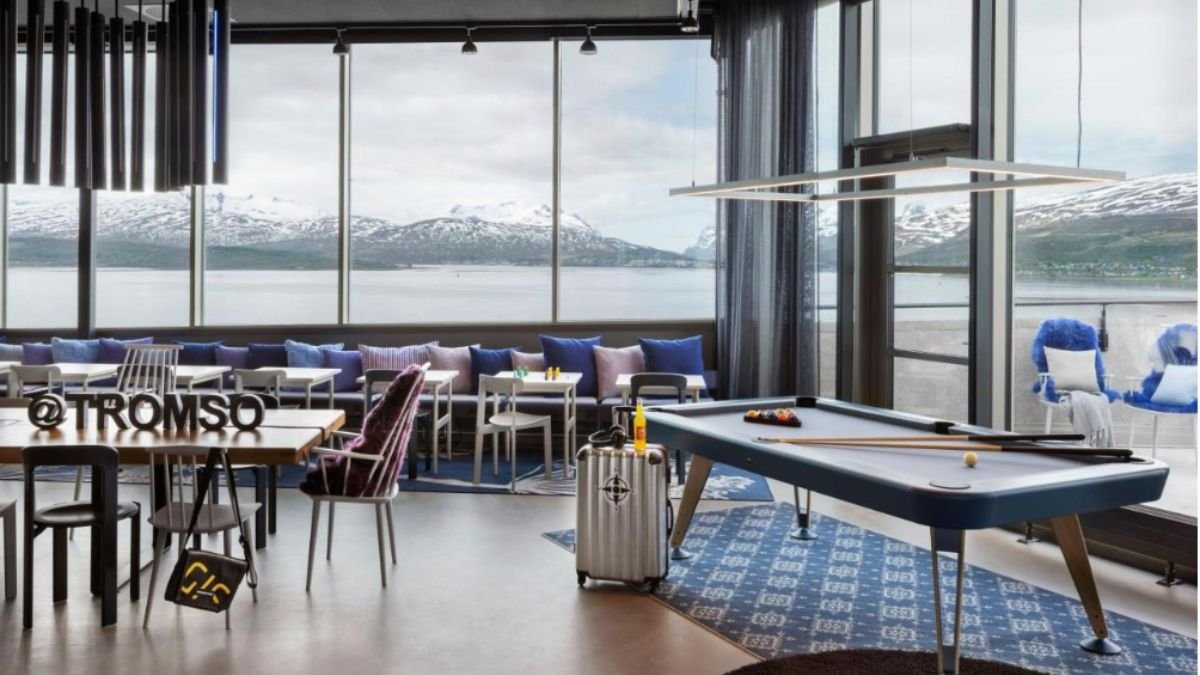 The stunning view from the restaurant in the Moxy Hotel in Tromso.