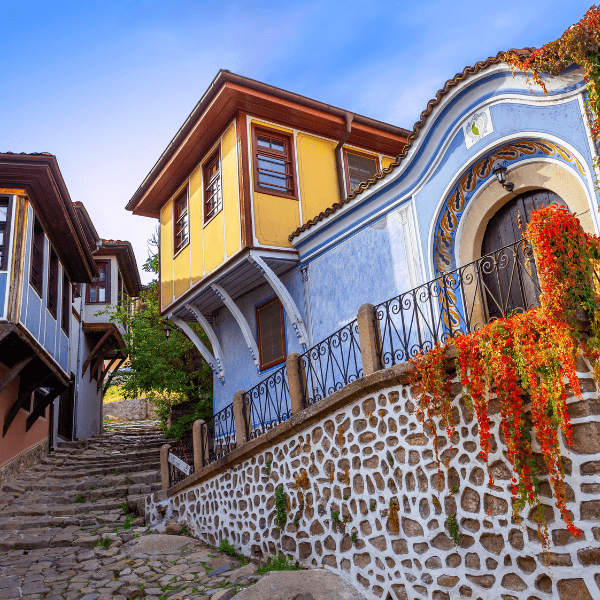 A typical colorful street in the Old Town in Plovdiv, Bulgaria.