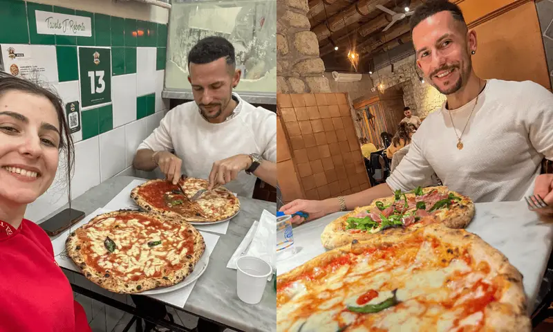 Us enjoying our huge pizzas in L’Antica Pizzeria da Michele & Gino e Toto Sorbillo