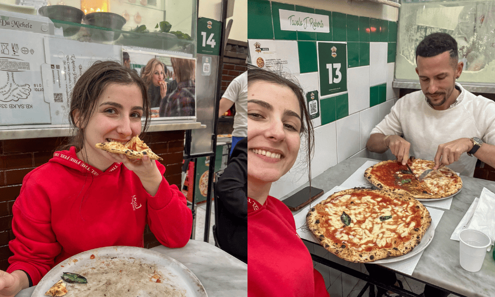Enjoying our pizzas in L’Antica Pizzeria da Michele, Naples