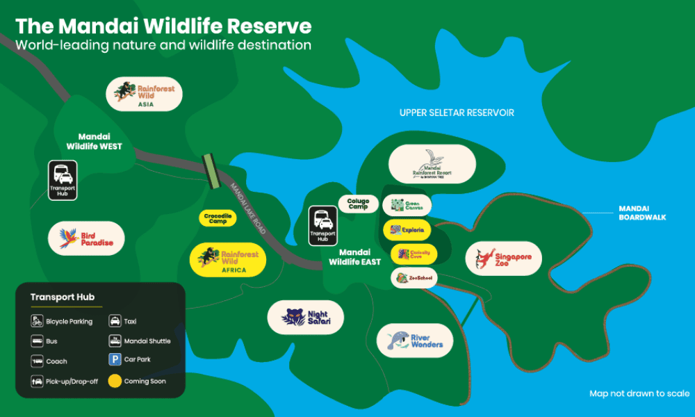 Map of Mandai Wildlife Reserve with all 5 parks - Singapore Zoo, River Wonders, Bird Paradise, Night Safari, and the Rainforest Wild Asia
