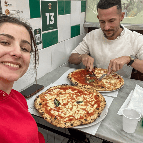Us enjoying the huge pizzas in L’Antica Pizzeria da Michele
