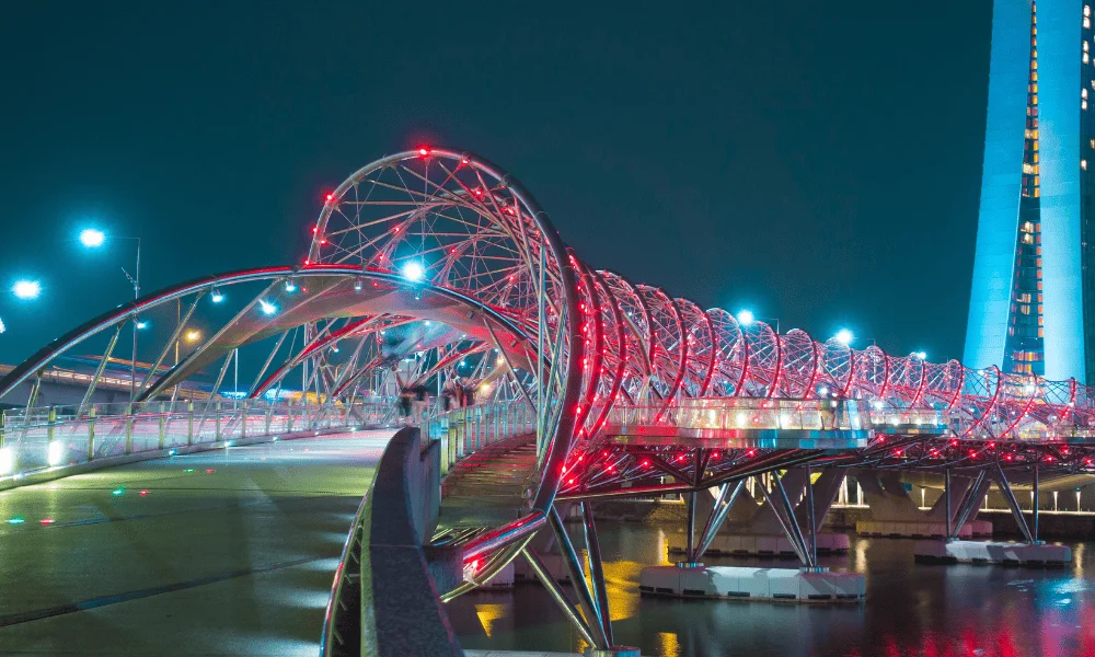 Helix Bridge at night in Singapore