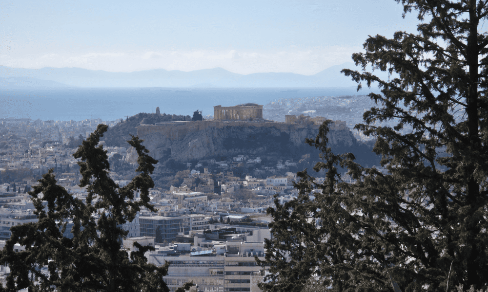 A view over the Acropolis from the Lycabettus Hill in Athens