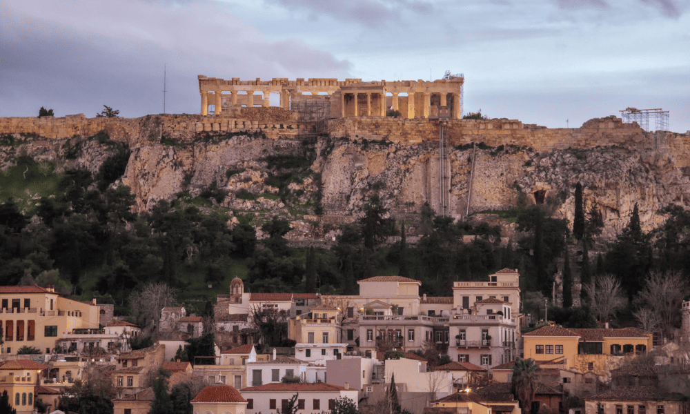 The Acropolis of Athens from a rooftop bar