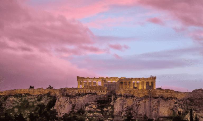The view over the Acropolis from Attic Urban Rooftop at sunset