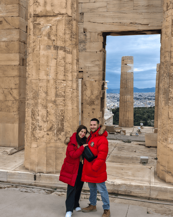 Us posing at the famous photo spot overlooking Athens